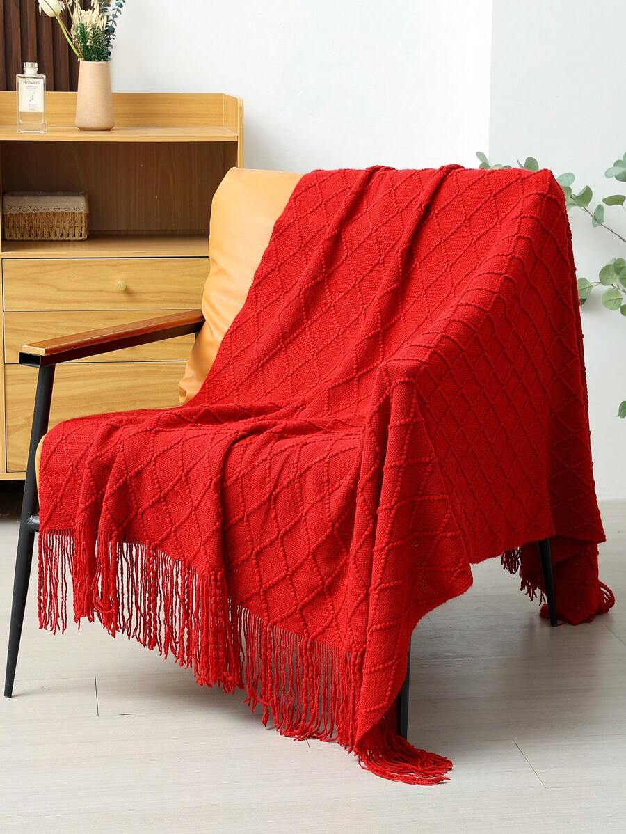 1pc Knitted Blanket, Sofa Throw Rug, Bedspread, Shawl For Napping At Office, Summer Use - Burgundy - View 1