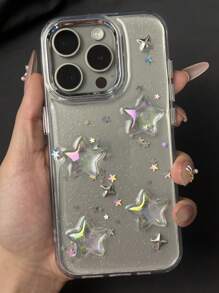 韩版亮片滴胶亚克力星星透明电镀镜头手机保护壳适用于 17 16 15 14 13 12 11 Pro Max 时尚后盖 - 無色 - 查看 2