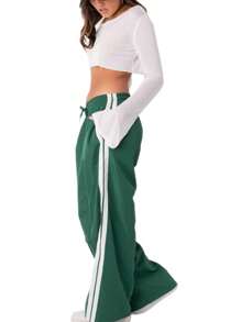 Women Y2k Track Pants Baggy Striped Joggers Sweatpants Elastic Waist Color Block Parachute Pants With Pockets - màu xanh lá - Xem 3