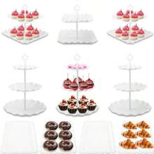 10 Pcs Cake Stand White Plastic Dessert Table Stand Set 4 Pcs 3 Tired Cupcake Display Stands Cookie Tray Rack Serving Tray Cake Display Tower And 6 Pcs Dessert Trays For Wedding Baby Shower Tea Party