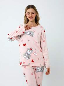 2Pzs Pijamas de Algodón Suaves y Cálidos - Conjunto Térmico de Manga Larga para Dormir, Estampados Divertidos Blusa y Pantalones - PERRO ROSA - Ver 3