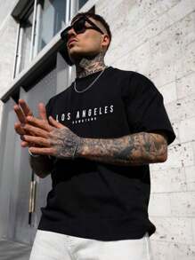 Men Letter Graphic Tee, Emo, 2000s Style - Black - View 2