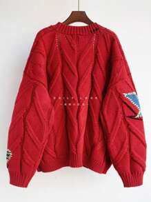 Women's Chunky Knit Long Sleeve Cardigan V-Neck Button Embroidered Sweater Jacket - Red - View 2