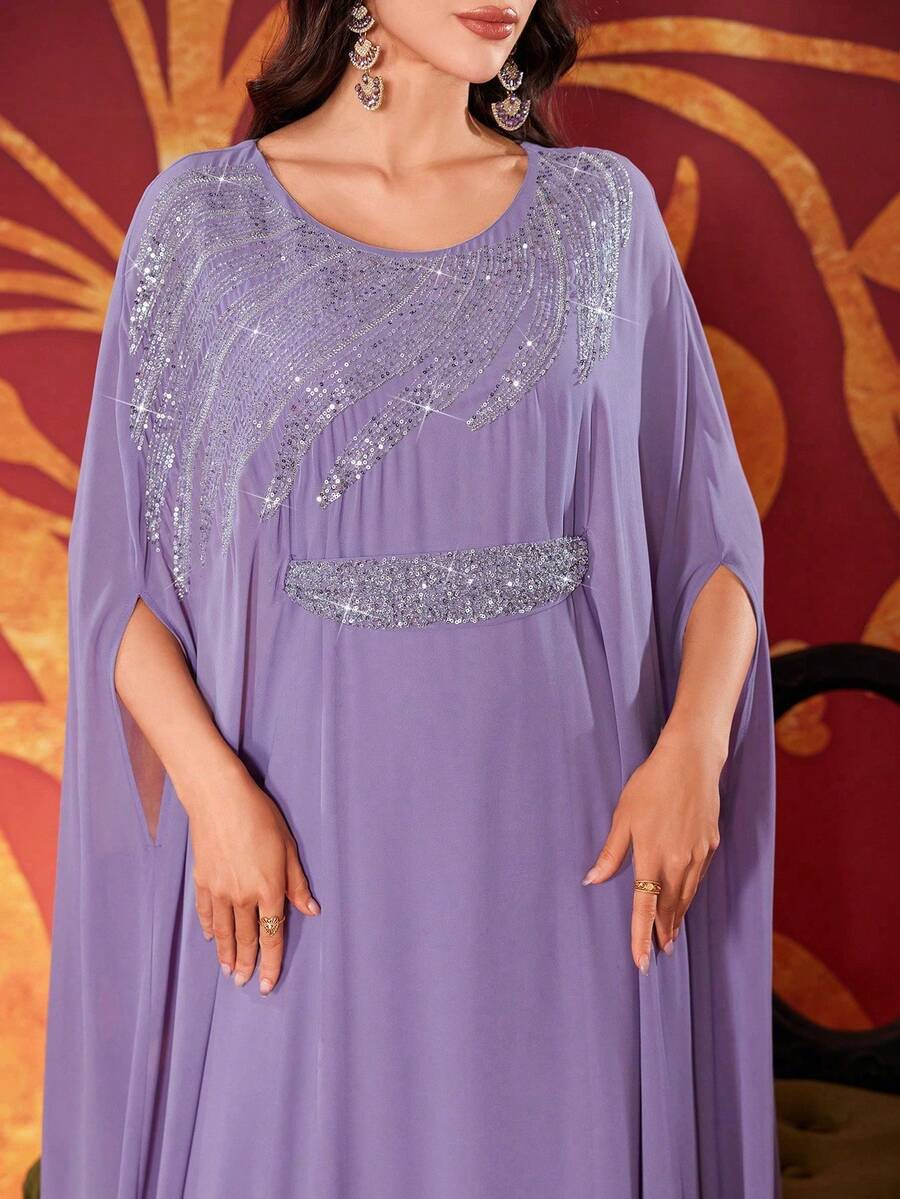 Women's Solid Color Sequin Decor Belted Abaya, Round Neck Elegant Dress Spring
