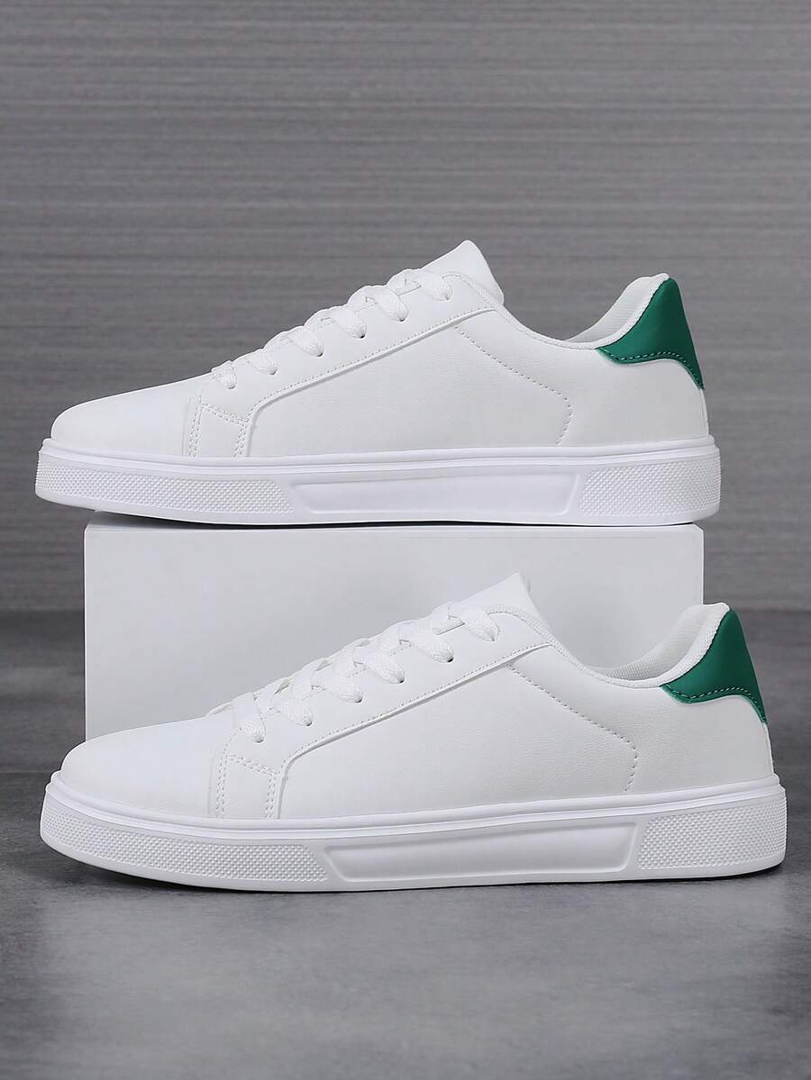 Men's Korean Fashion Small White Shoes, Men Casual Leather Shoes One-Push Slouchy Loafers, Students Large Size Flat Shoes - White and green - View 1