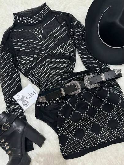 Conjunto boiadeira bory de tule gola alta e saia xadrez em pedrarias