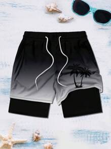 男士棕榈树印花时尚休闲运动度假沙滩短裤，夏威夷风 - 彩色 - 查看 2