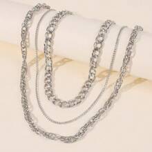 3pcs Fashion Punk Style Multi-Layer Metal Necklaces, Suitable For Everyday Wear - Silver - View 2