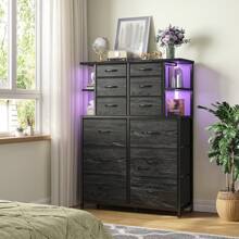 EnHomee Tall Dressers For Bedroom With LED Lights And 12 Fabric Drawers, Dresser For Bedroom With Open Shelves, Scuff-Resistant And Durable Wood-Top Panel, Chests Of Drawers With Sturdy Metal Framem Room Decor, Home Decor, Black Wood Grain - 黑色 - 查看 1