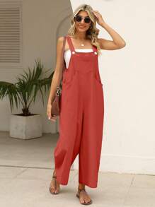 Women's Summer Cotton Linen Bib Bodysuit Loose Sleeveless Adjustable Wide Leg Jumpsuit - Đỏ - Xem 5