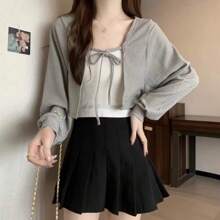 1pc Women's Shrug Cardigan, New Fashion Tie-Front Long Puff Sleeve Cropped Open Front Lightweight Outerwear - Multicolor - View 3