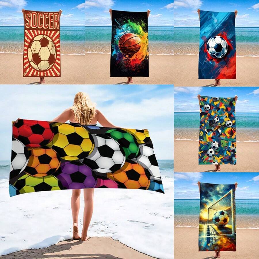 1 pièce Serviette de plage créative imprimée de football, serviette de plage à la mode adaptée à la piscine, aux vacances, à la plage, à la douche, serviette de plage multifonctionnelle, parfaite pour la plage d'été