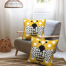 2 Stücke Bienenkissen Frühling Sommer Hummel Bauernhaus Dekoration Kissenbezug gelb und weiß gepunktet Outdoor Kissenbezug Leinen Kissenbezug Zuhause Sofa ohne Kissenfüllung auf einer Seite