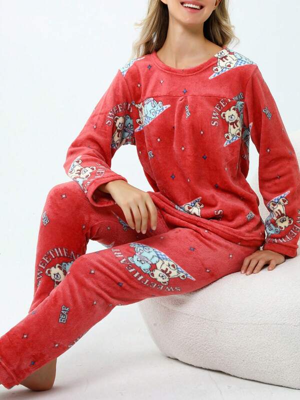 2Pzs Pijamas de Algodón Suaves y Cálidos - Conjunto Térmico de Manga Larga para Dormir, Estampados Divertidos Blusa y Pantalones