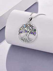 1pc Fashion Simple Life Tree With Rhinestone Hollow Circle Pendant Necklace For Women