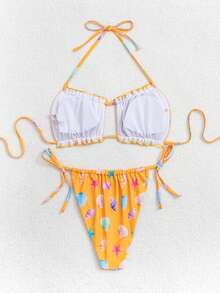 New Sexy & Cute Casual Ocean Creature Frill Trim Separate Bikini Swimwear - Yellow - View 2