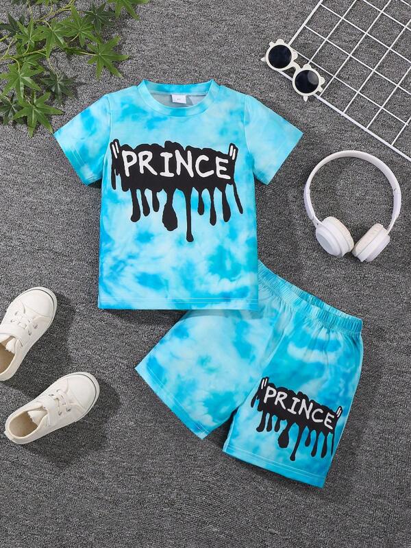 Young Boy Blue Letter Tie-Dye Print Top + Shorts 2 Pieces Set, Suitable For Outdoor Sports - Fits Boys And Girls