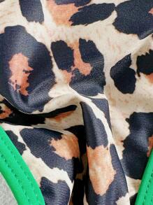 女士露背豹纹拼接比基尼套装（上衣和下装），休闲夏季 - 綠色 - 查看 6