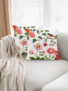 2Pcs Floral Throw Pillow Covers 3D Flower And Bird Throw Farmhouse Pillow Covers Decoration Home Square Sofa Living Room Bedroom Bed Sofa Chair Cushion Covers Universal Suitable For All Seasons (No Filler)