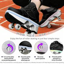 yousulun Black High-Top Deform Roller Skate Shoes, Multi-Functional Roller Skates, Sneakers And Roller Shoes 2-In-1 For Casual/ Outdoor Activities, 4 Retractable Wheels, Unique Gift - 黑色高筒帶燈 - 查看 5