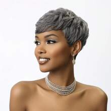 Elegant Short Pixie Cut Bob Wig With Bangs - Gray Layered Human Hair, Straight Style, Perfect For Parties & Cosplay, Machine Made,Hair Wig