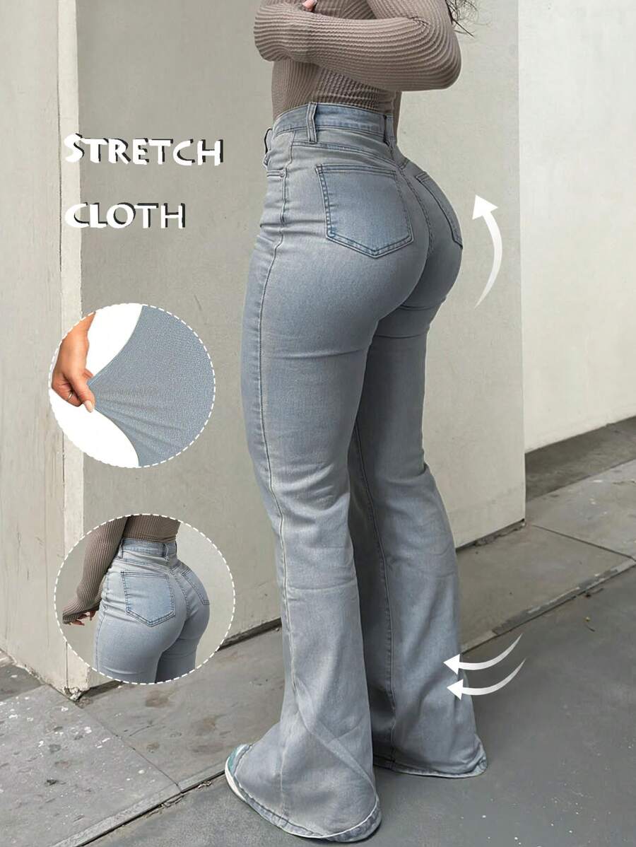 Bootcut Women Jeans Solid Color High Slim Fit Waist Stretch Casual Versatile - 藍色 - 查看 1