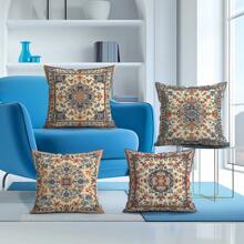 4pcs Bohemian Geometric Retro Pattern Series - Retro Printed Throw Pillow Cover & Sofa Cushion, 45x45cm Coral Fleece Pillowcase