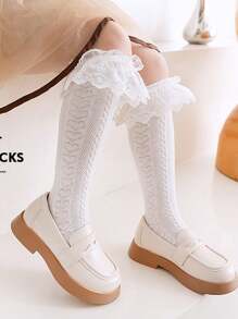 1 双新款日式欧根纱蝴蝶结、心形珠饰、水晶条纹玻璃纤维女童长筒袜 - 白色 - 查看 11