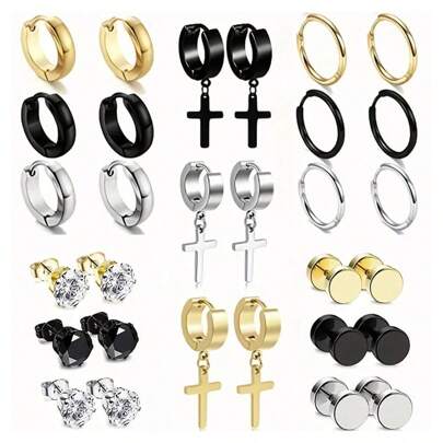 30-Piece Men Stainless Steel Earrings Set - Black, Silver & Gold Minimalist Jewelry For Everyday Wear | Hypoallergenic Stylish Accessories