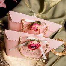 Set Of 5–Pink Wedding Gift Bags(Includes: Ribbon/Flower + Hand Strap + Gift Bag Box), 6.69*3.35*8.07in – Elegant Handbag For Bridal Shower, Party Favors, & Wedding Guest Gifts – Premium Quality, Reusable, Perfect For Bridesmaids & Guests, For Mother's Day, Bridesmaid Gifts, Graduation Gifts, Birthday Gifts, Wedding Gifts