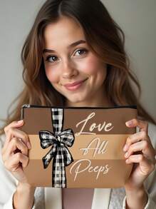 1pc Easter Bunny, Egg & Bow Letter Linen Print Cosmetic Bag, Adorable Travel Makeup Pouch & Multipurpose Coin Purse, Lightweight Gift Essential For Women