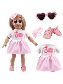 5pcs/Set Girl Doll Accessories For 17-18 Inch Dolls, Includes 1 Pink Dress, 1 Hair Clip, 1 Pair Of Beach Shoes, 1 Pair Of Glasses, (Doll Not Included, Not Suitable For Reborn Dolls), Children's Birthday Gift