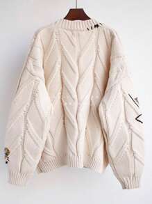 Women's Chunky Knit Long Sleeve Cardigan V-Neck Button Embroidered Sweater Jacket - White - View 2