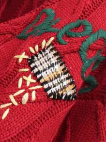 Women's Chunky Knit Long Sleeve Cardigan V-Neck Button Embroidered Sweater Jacket - Red - View 4