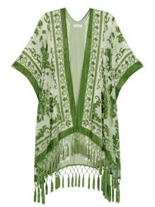 Easter Gift Shawl,Long Velvet Kimono Cardigan For Women, Special Design Pattern Placement Printing Velvet Kimono Cover Up With Tassels, Dark Green, Free Size - 墨綠色 - 查看 1