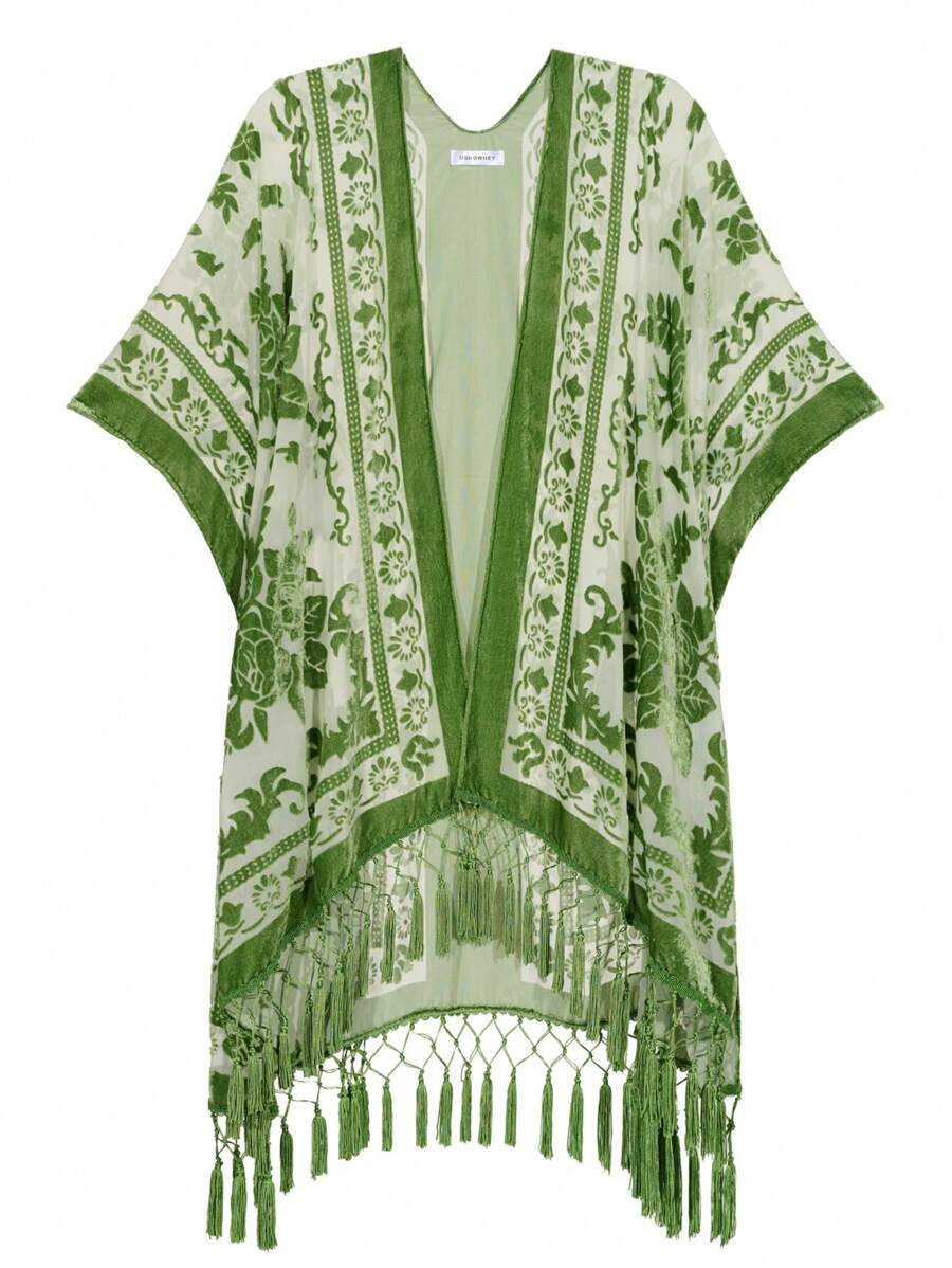 Easter Gift Shawl,Long Velvet Kimono Cardigan For Women, Special Design Pattern Placement Printing Velvet Kimono Cover Up With Tassels, Dark Green, Free Size - 墨綠色 - 查看 1