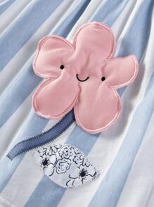 1 pieza Vestido de niña de algodón de punto de manga corta con rayas azul y blanco con decoración de bordado 3D de flores, estilo dulce para primavera y verano, transpirable