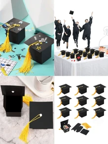 20 piezas Caja de regalo de dulces con sombrero de graduación, decoraciones de graduación Caja de dulces de graduación DIY con tapa de casquete, caja de regalo de galletas, dulces y chocolate para fiesta de ceremonia de graduación, decoraciones de mesa de graduación con borlas doradas - Negro - Ver 6
