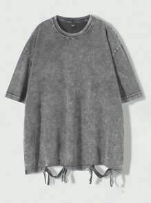 Áo thun ngắn tay cổ tròn tay ngắn dáng bất đối xứng Hemo Vintage đã qua xử lý giặt - Xám - Xem 2