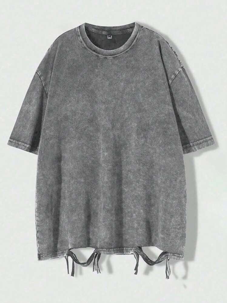 Hemo Vintage Asymmetrical Tassel Round Neck Short Sleeve Washed T-Shirt - Grey - View 2