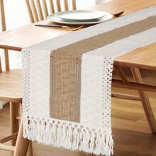 1pc Bohemian Style Table Runner, Elegant Cream And Brown Crochet Tassel Trim Table Runner, Handmade Farmhouse Lace Table Decor, Suitable For Home, Dining Room, Living Room, Bedroom, Party Decoration Birthday Decorations Party Decorations Bachelorette Wedding Summer Gifts Beach Back To School School Supplies Room Decor