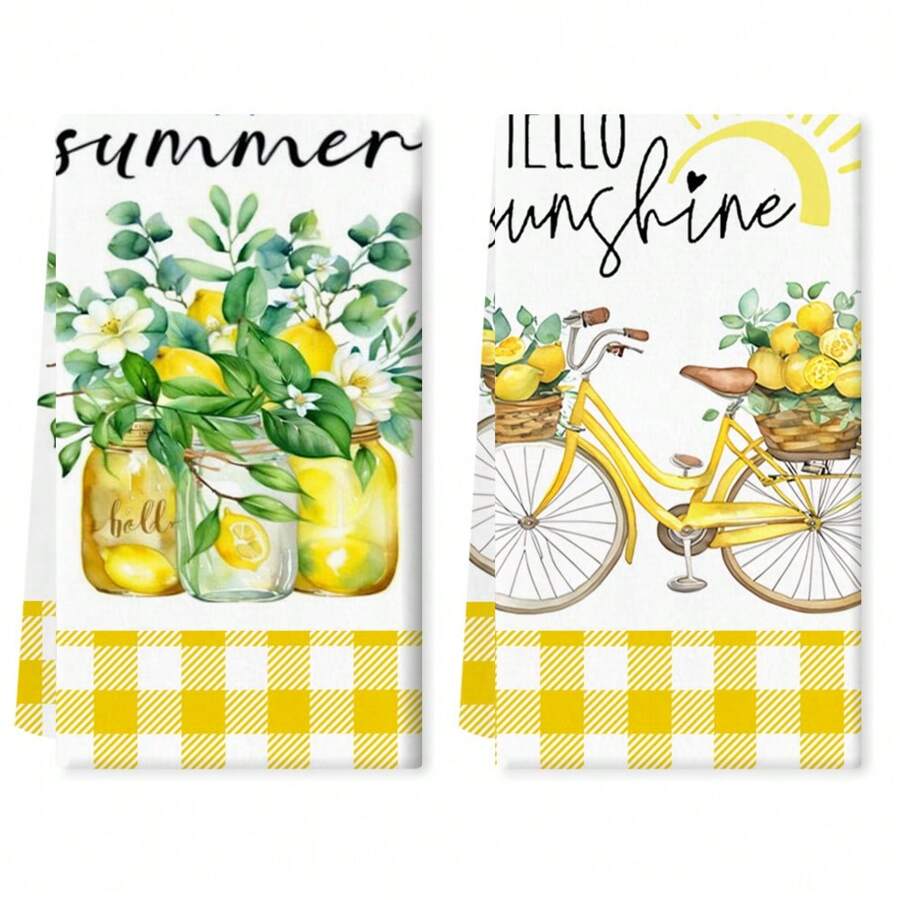 2pcs Buffalo Plaid Lemon Pattern Kitchen Towels, 16x24 Inch Polyester Decorative Hand Towels, Seasonal Home Decor For Spring & Summer, Absorbent Fingertip Towels For Bathroom And Kitchen