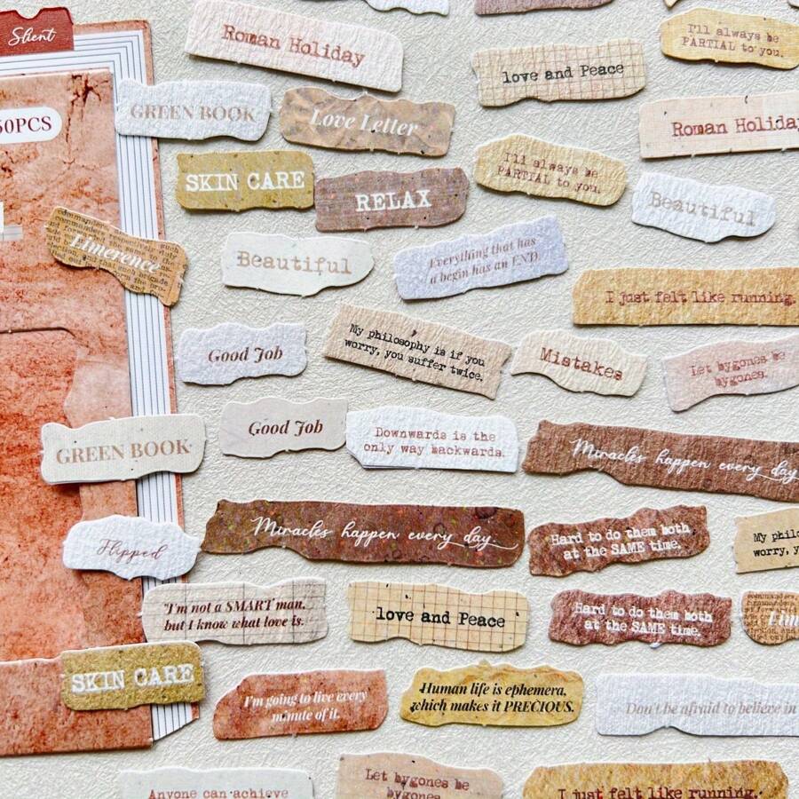 50 Pcs English Label Sticker Package Junk Journal DIY Art Crafts Album Embellishment Paper Material Scrapbook Stickers,School Supplies,Back To School