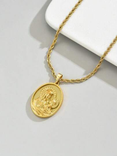 1 件复古 18K 镀金不锈钢扭链项链 + 椭圆形圣母玛利亚抱着耶稣吊坠，宗教人物元素时尚男女通用不锈钢镀金项链