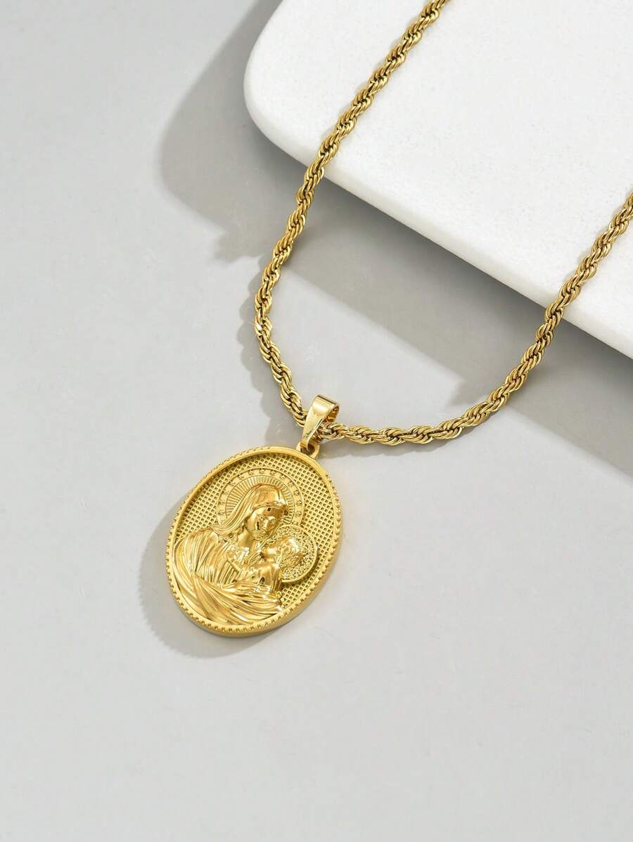 1 件复古 18K 镀金不锈钢扭链项链 + 椭圆形圣母玛利亚抱着耶稣吊坠，宗教人物元素时尚男女通用不锈钢镀金项链 - 金色 - 查看 1