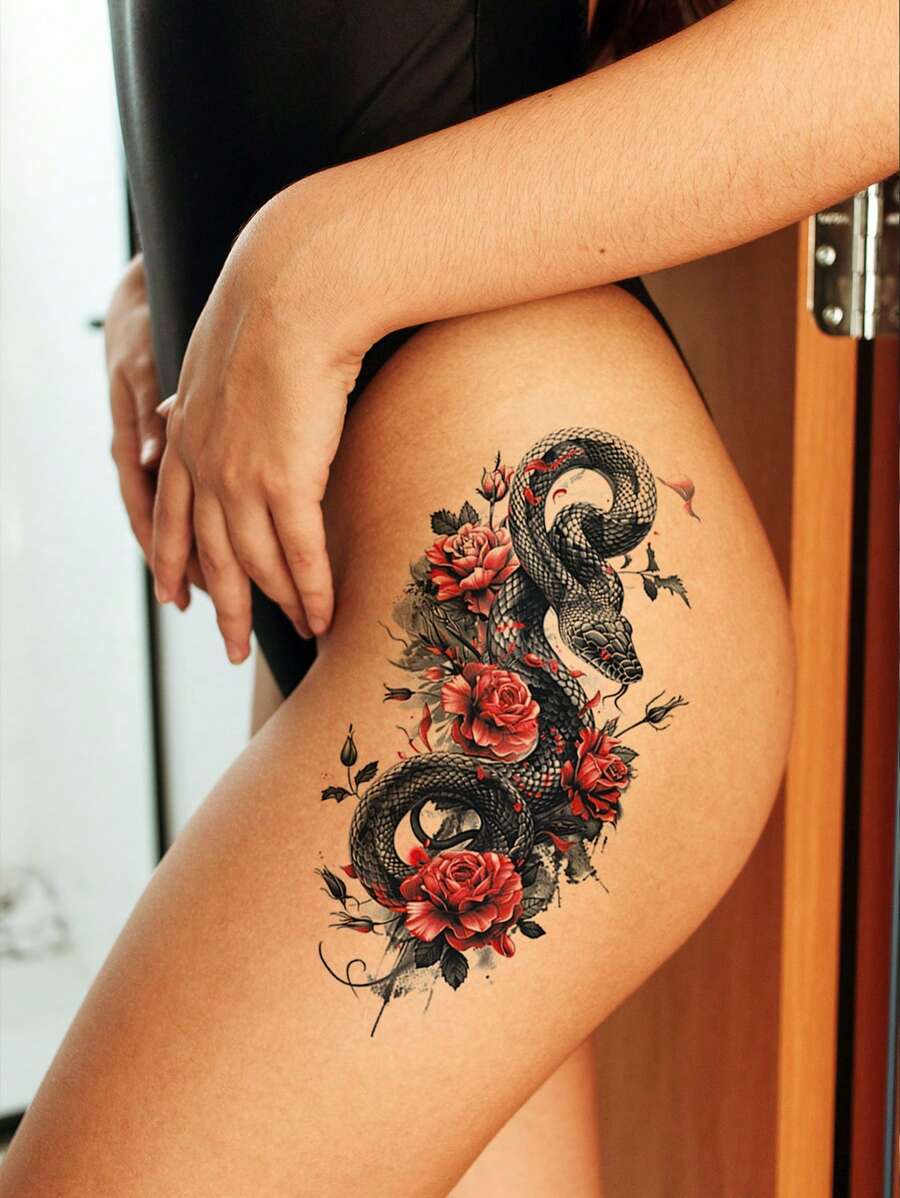 2 件装奇幻哥特式花卉、蛇、虎、狐狸、骷髅性感防水临时纹身贴纸 - 彩色 - 查看 1