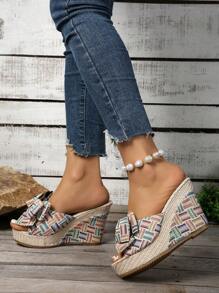 Women's Fashionable Comfortable Platform Solid Color Bow Woven Beach Style Versatile Lady Wedge Sandals - Multicolor - View 1