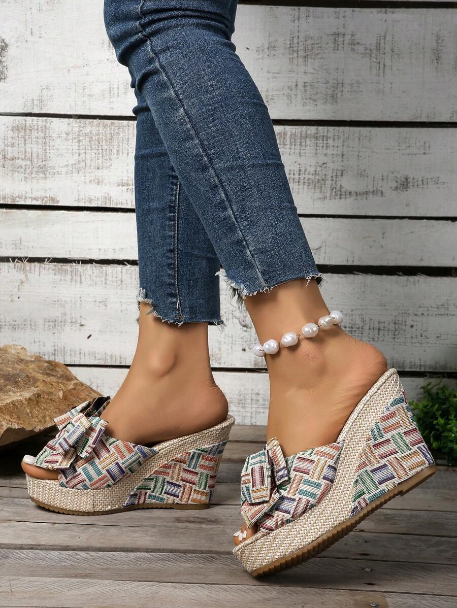 Women's Fashionable Comfortable Platform Solid Color Bow Woven Beach Style Versatile Lady Wedge Sandals - Multicolor - View 1