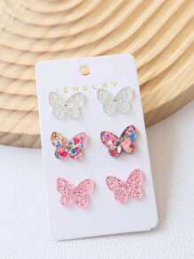 3 Pairs Acrylic Rhinestone Butterfly Stud Earrings, Elegant Minimalist Bling Bling Earring Set, Spring/Summer - Multicolor - View 1