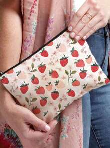 1pc Aardbeienpatroon Thema Volledige Print Make-up Tas - Lichtgewicht En Geurloze Polyester Reis Toilettas, Cartoon Aardbei Leuke Multifunctionele Canvas Tas, Oplaad Opbergtas, Essentiële Reis Make-up Tas: Meisjes Reis Reddingsboei Tas